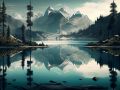 Una pintura de un lago de montana con una montana al fondo