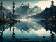 Una pintura de un lago de montana con una montana al fondo