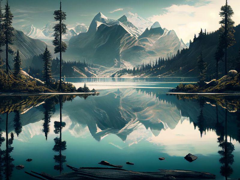 Una pintura de un lago de montana con una montana al fondo